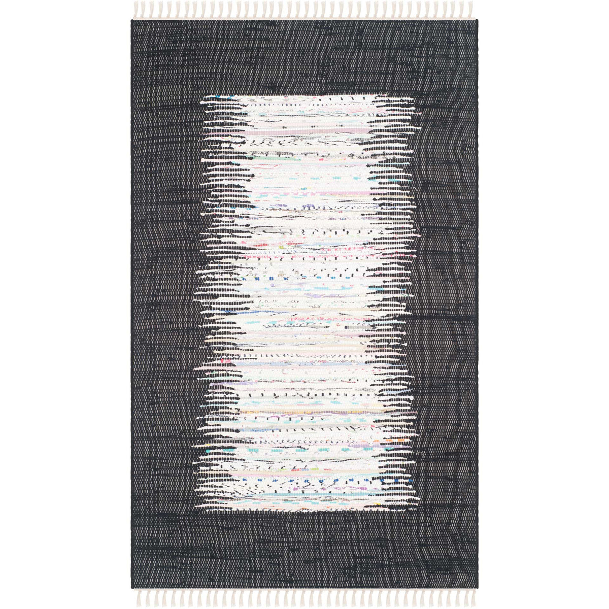 This 3' x 5' rug brings jagged ivory strokes and colorful flecks to a bold black cotton weave.