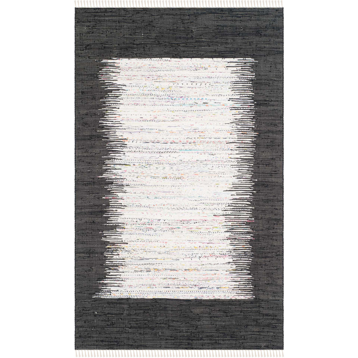 A 5' x 8' cotton rug pairs an ivory brushstroke center with a dramatic black frame and fringe.