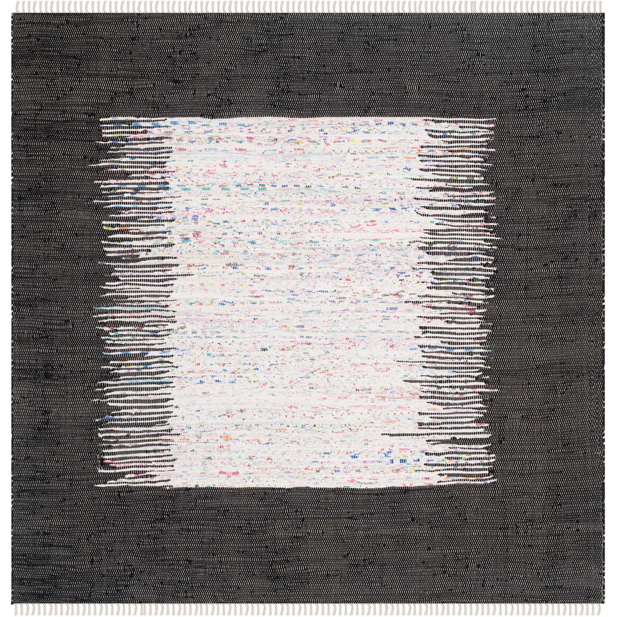 A 6' square cotton rug frames a softly speckled ivory center in black, finished with delicate fringe.