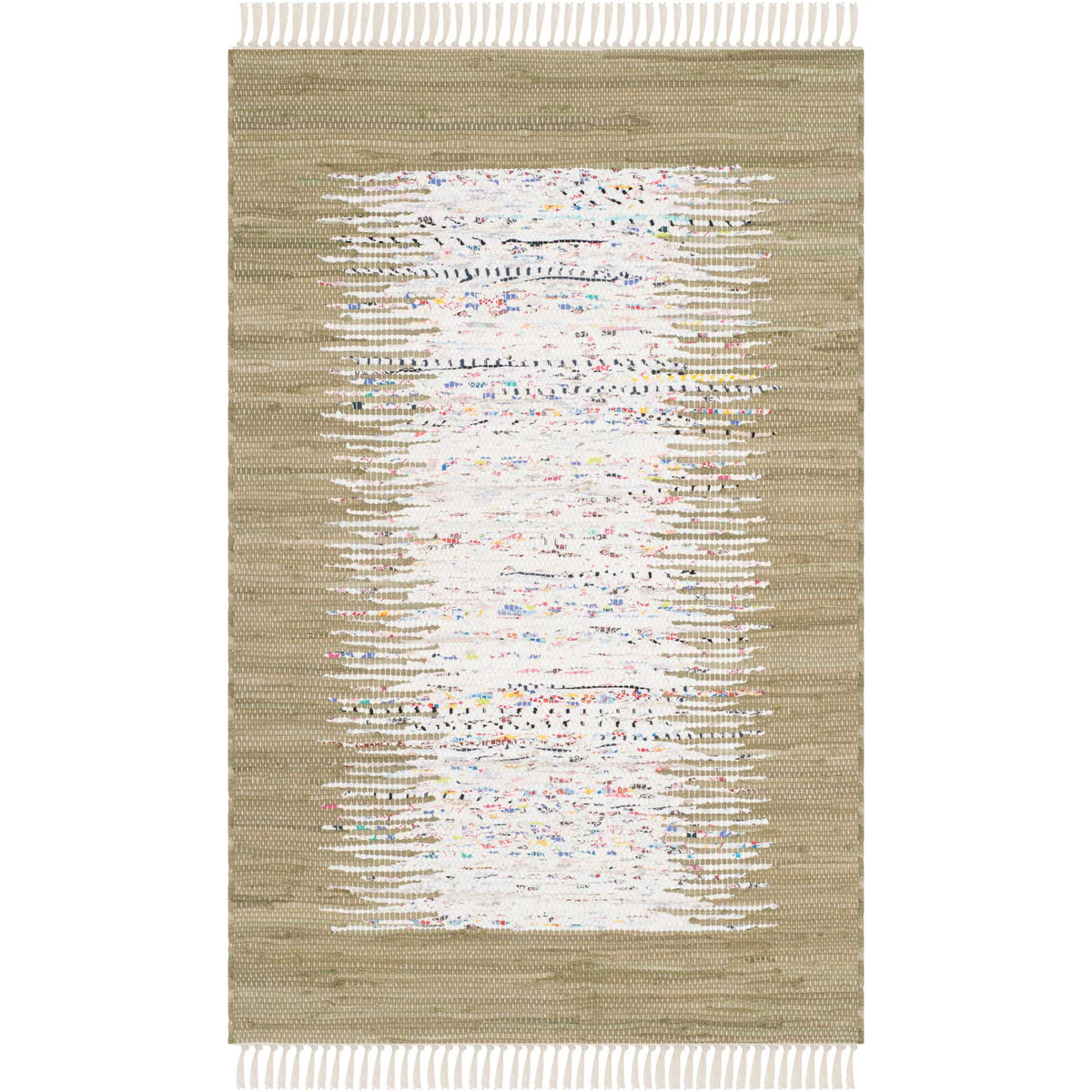 An olive and ivory cotton accent rug layers colorful flecks into its abstract center and fringed weave.