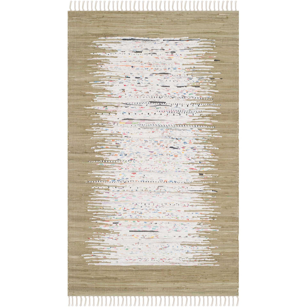 A 3' x 5' olive and ivory rug has a softly speckled center, irregular edges, and tasseled ends.