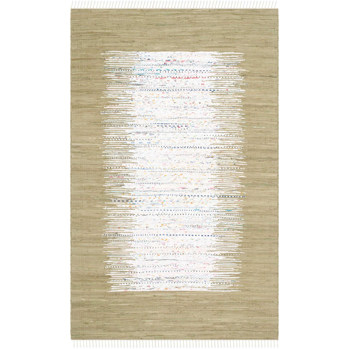 A 5' x 8' handwoven rug balances warm olive tones with irregular ivory streaks and delicate fringe. || MTK711K-5 || top_studio