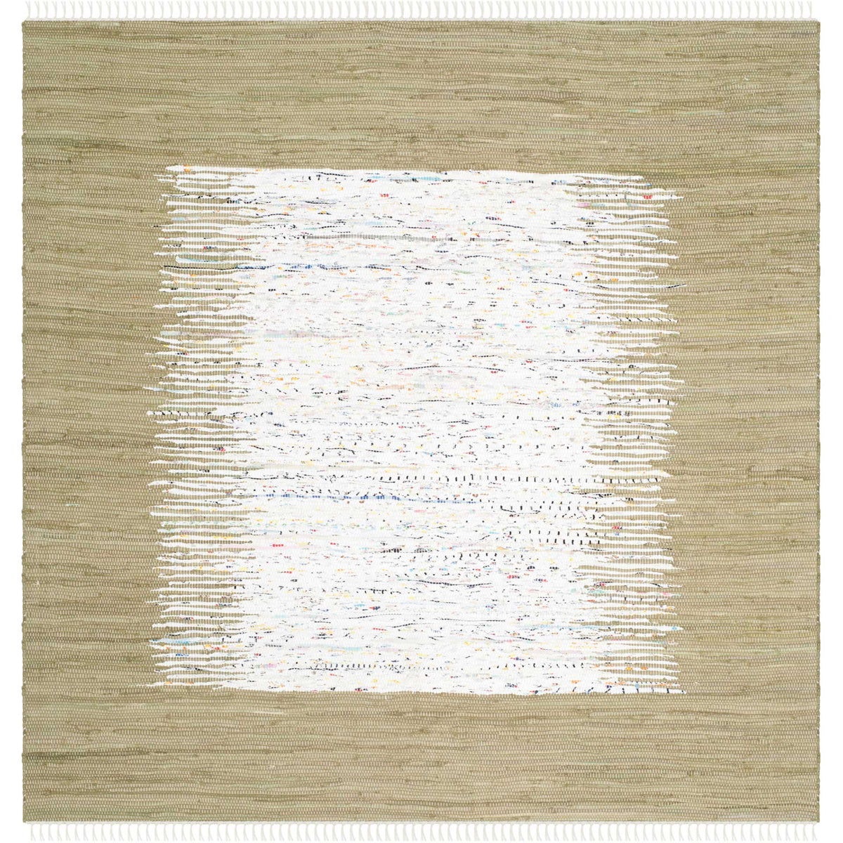 A 6' square rug pairs an olive woven border with a painterly ivory middle and fringed ends.