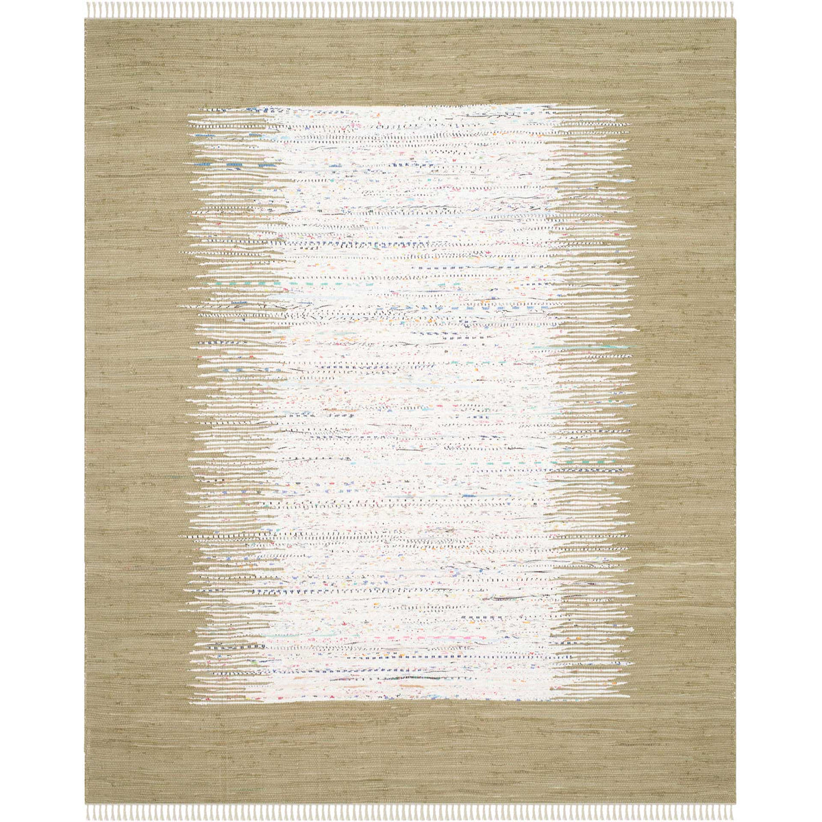 A 9' x 12' olive cotton rug frames an ivory, color-flecked center with gentle horizontal texture and fringe. || MTK711K-9 || top_studio