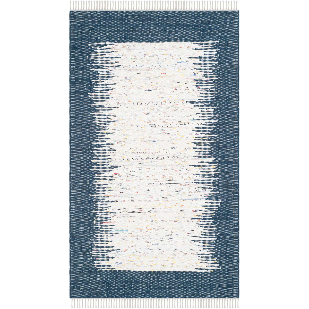 A 3' x 5' cotton rug pairs a deep navy border with an uneven ivory center and light tasseled ends.