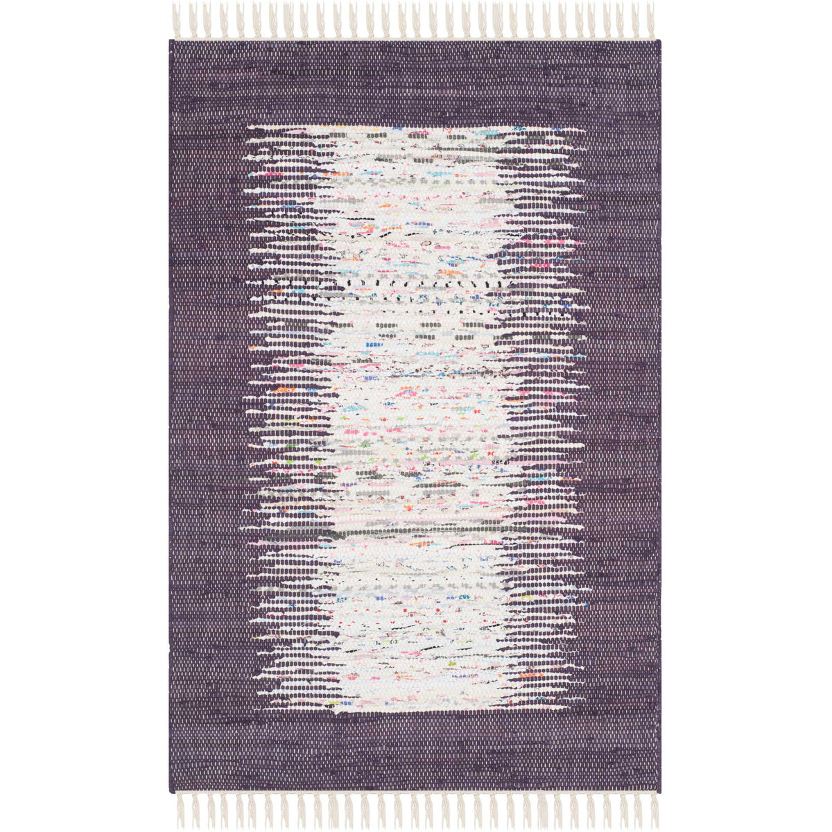 A compact purple and ivory rug pairs colorful abstract stripes with delicate fringe at each end.