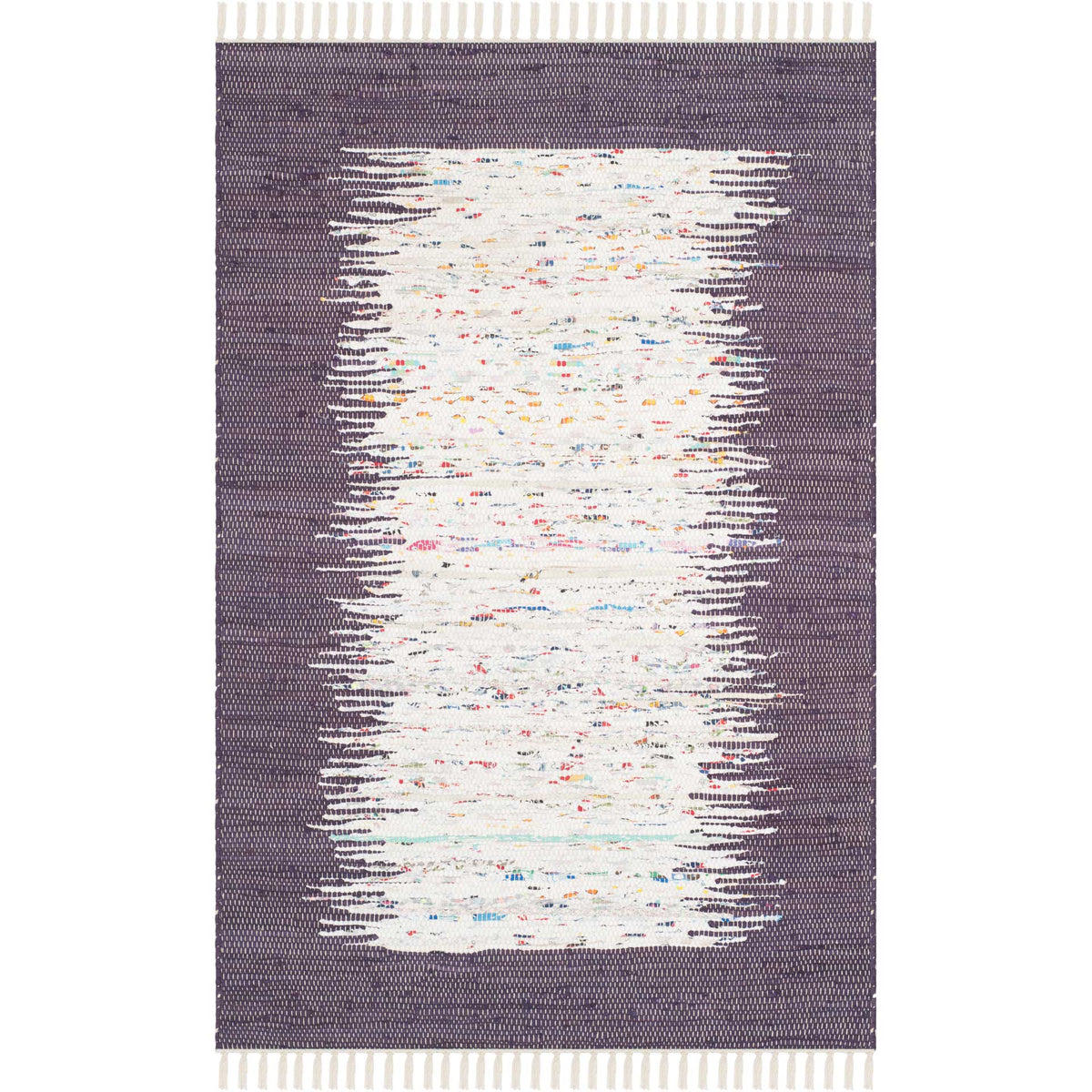 A 3' x 5' cotton rug blends a purple border and uneven ivory center with colorful flecks and fringe.