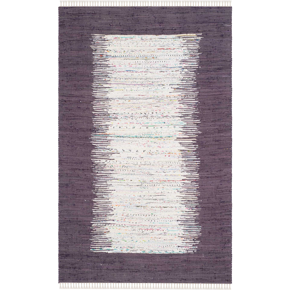 A 5' x 8' purple rug contrasts a softly striped ivory center with a broad, textured woven frame. || MTK711M-5 || top_studio