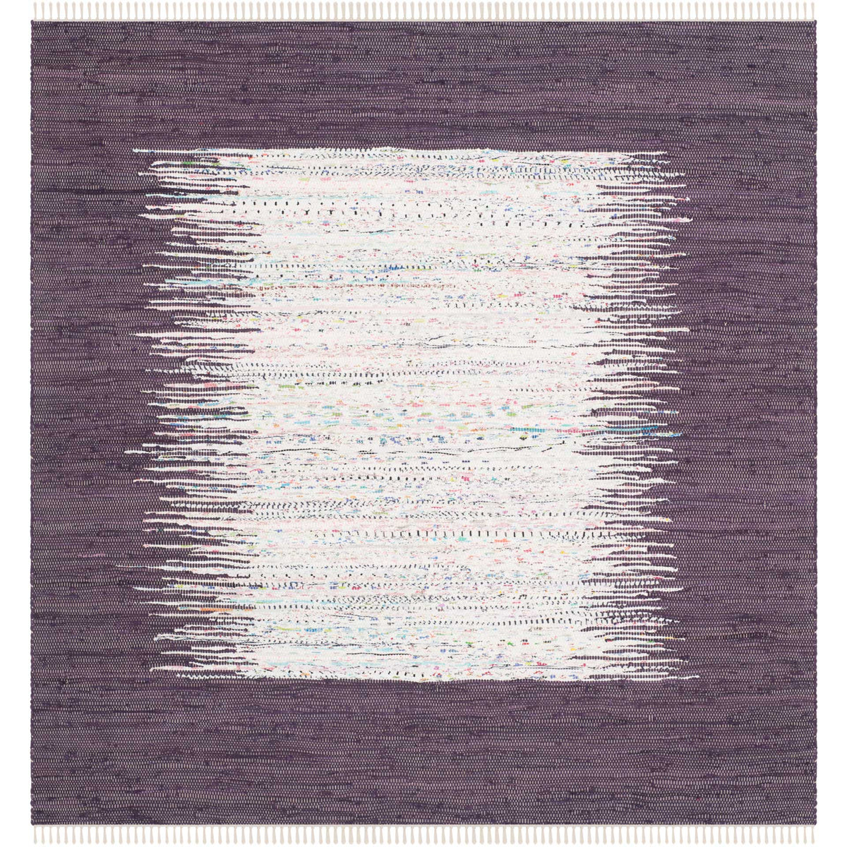 A 6' square cotton rug frames a flecked ivory center with rich purple weave and tasseled edges. || MTK711M-6SQ || top_studio