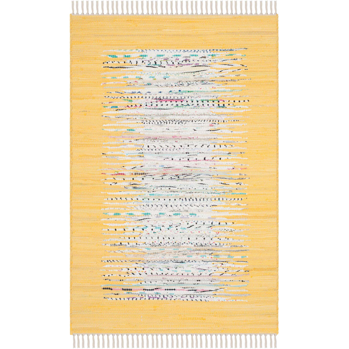 A compact yellow and ivory rug adds multicolored flecks and breezy fringe to a bright woven design.