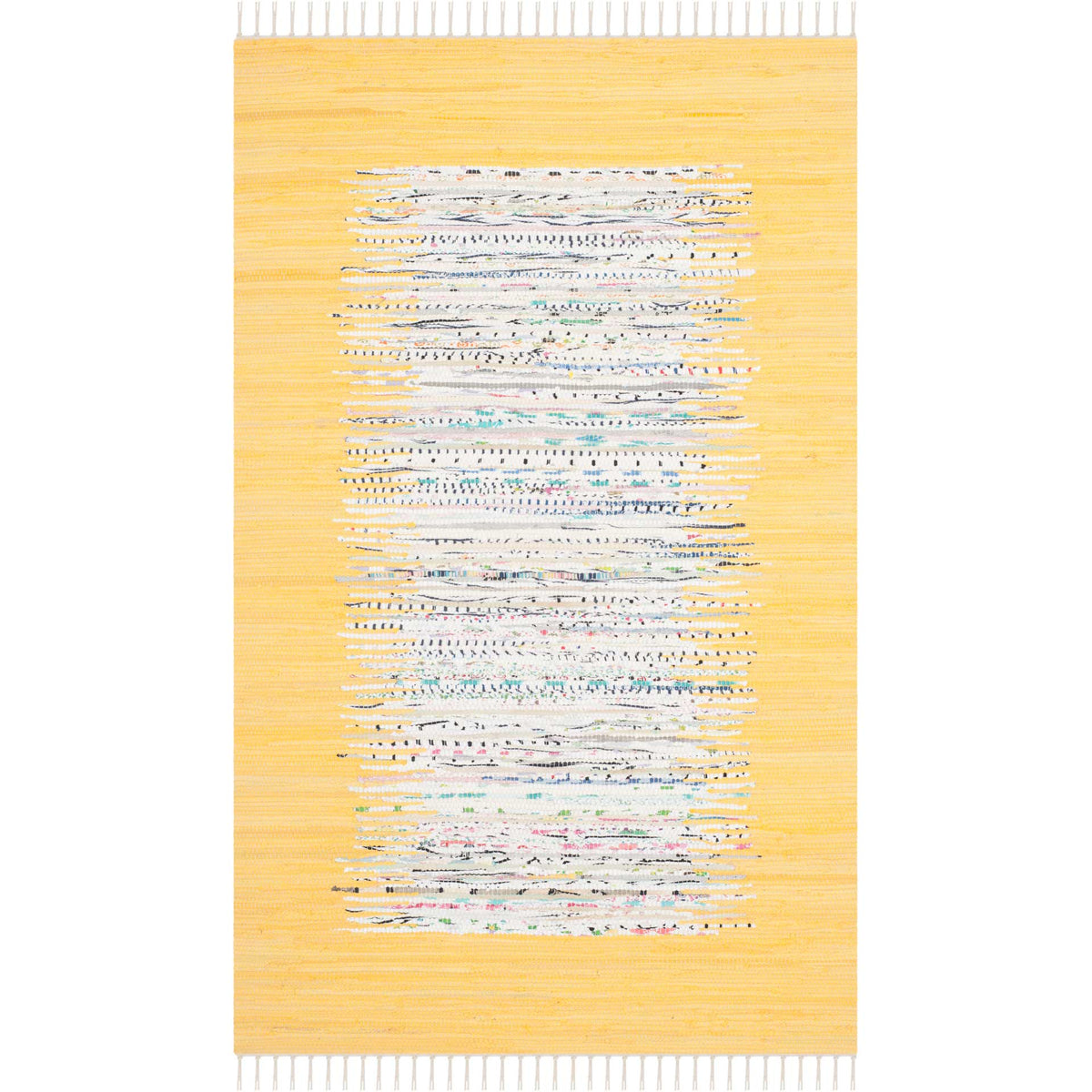 A 3' x 5' yellow cotton rug sets playful ivory stripes inside a golden frame with white tasseled ends.