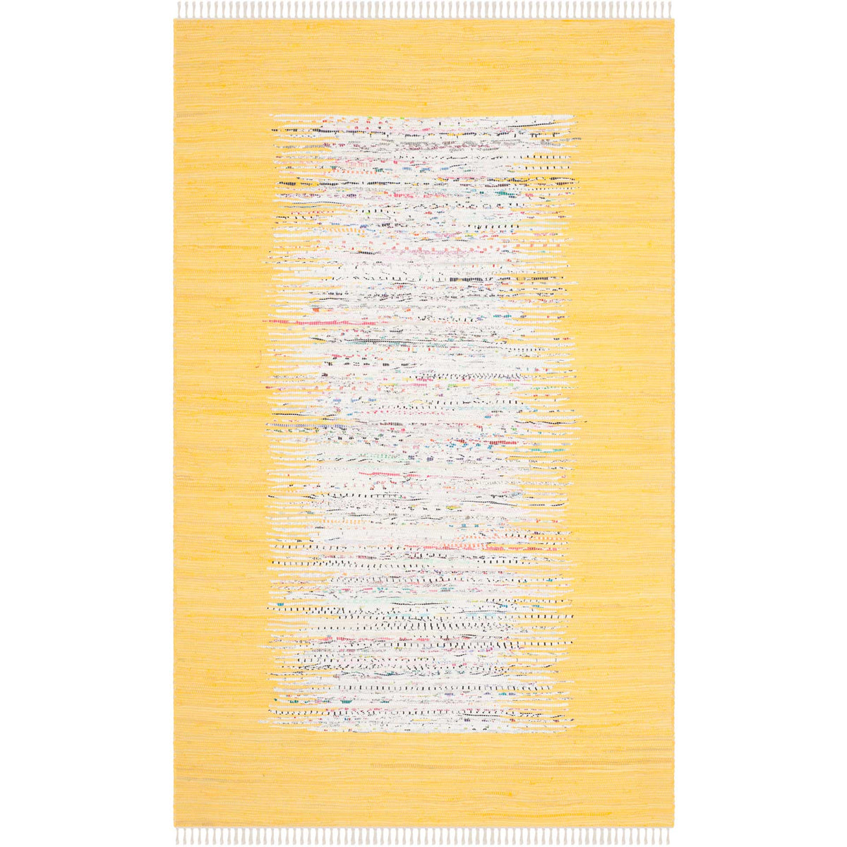 A 5' x 8' handwoven cotton rug pairs a yellow field with irregular ivory lines and colorful flecks.