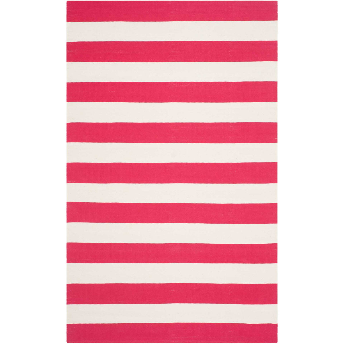 Clean red and ivory bands stretch across this handwoven 6' x 9' cotton rug.