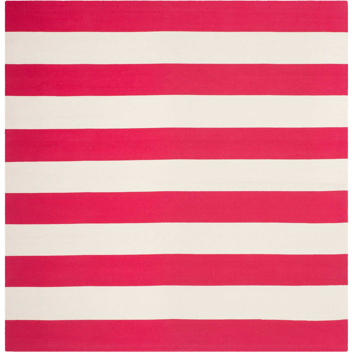 Bold red stripes alternate with ivory across this square cotton area rug.