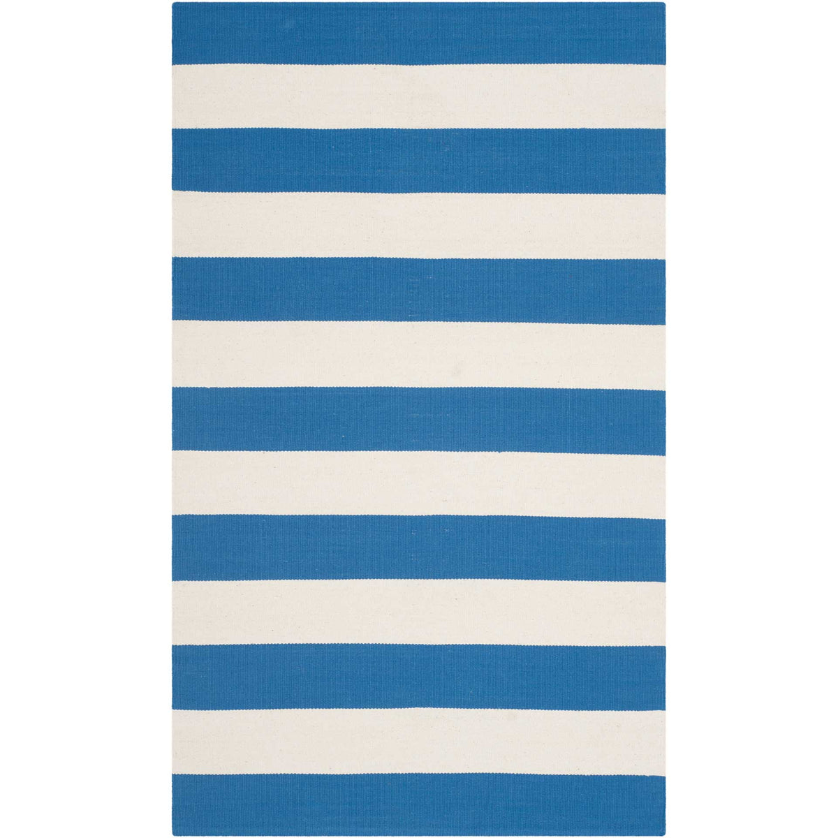 Bright blue stripes alternate with ivory across this 3' x 5' cotton rug.