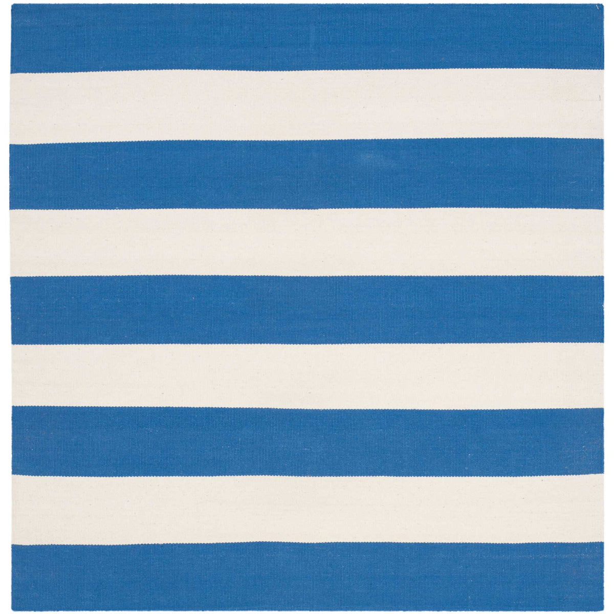 Bold blue and ivory bands bring balanced style to this square cotton rug.
