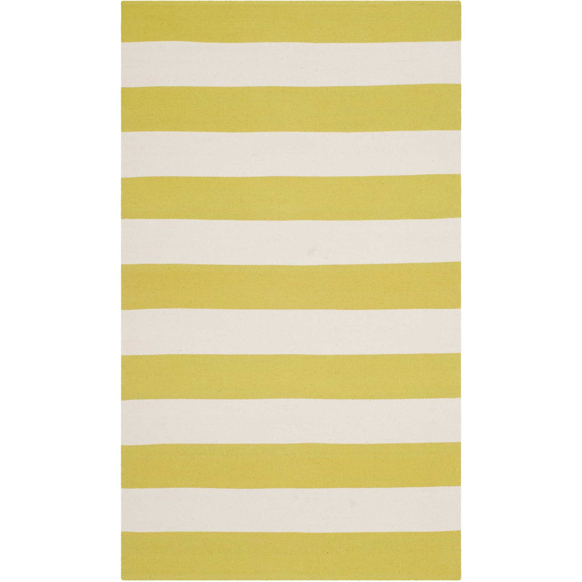 A compact 3' x 5' cotton rug pairs lime-green stripes with soft ivory.