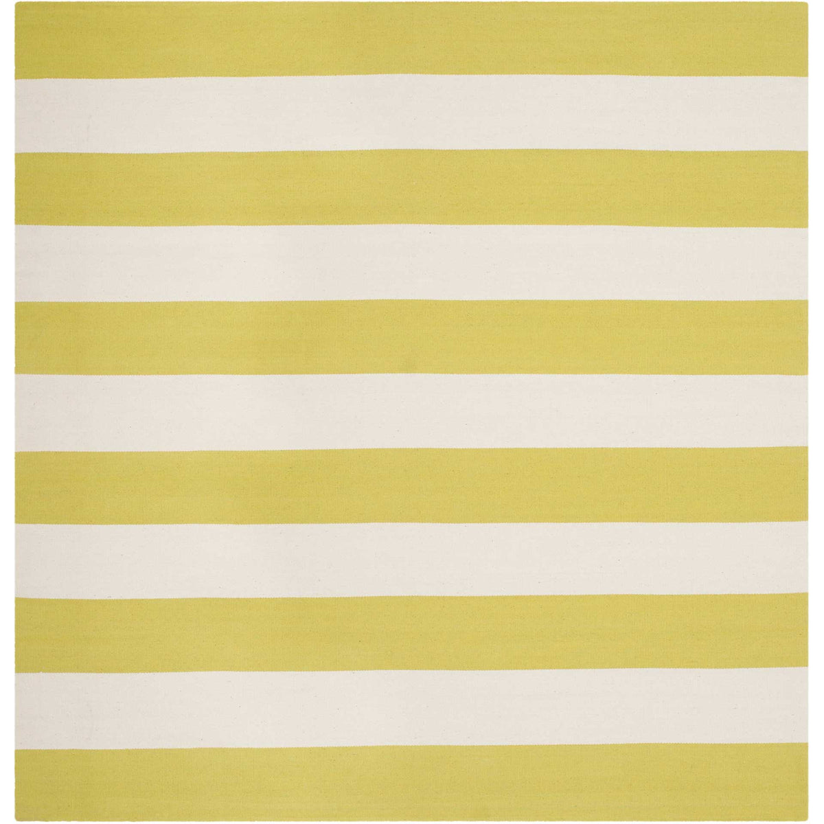 Alternating pale yellow-green and ivory bands brighten this square cotton rug.