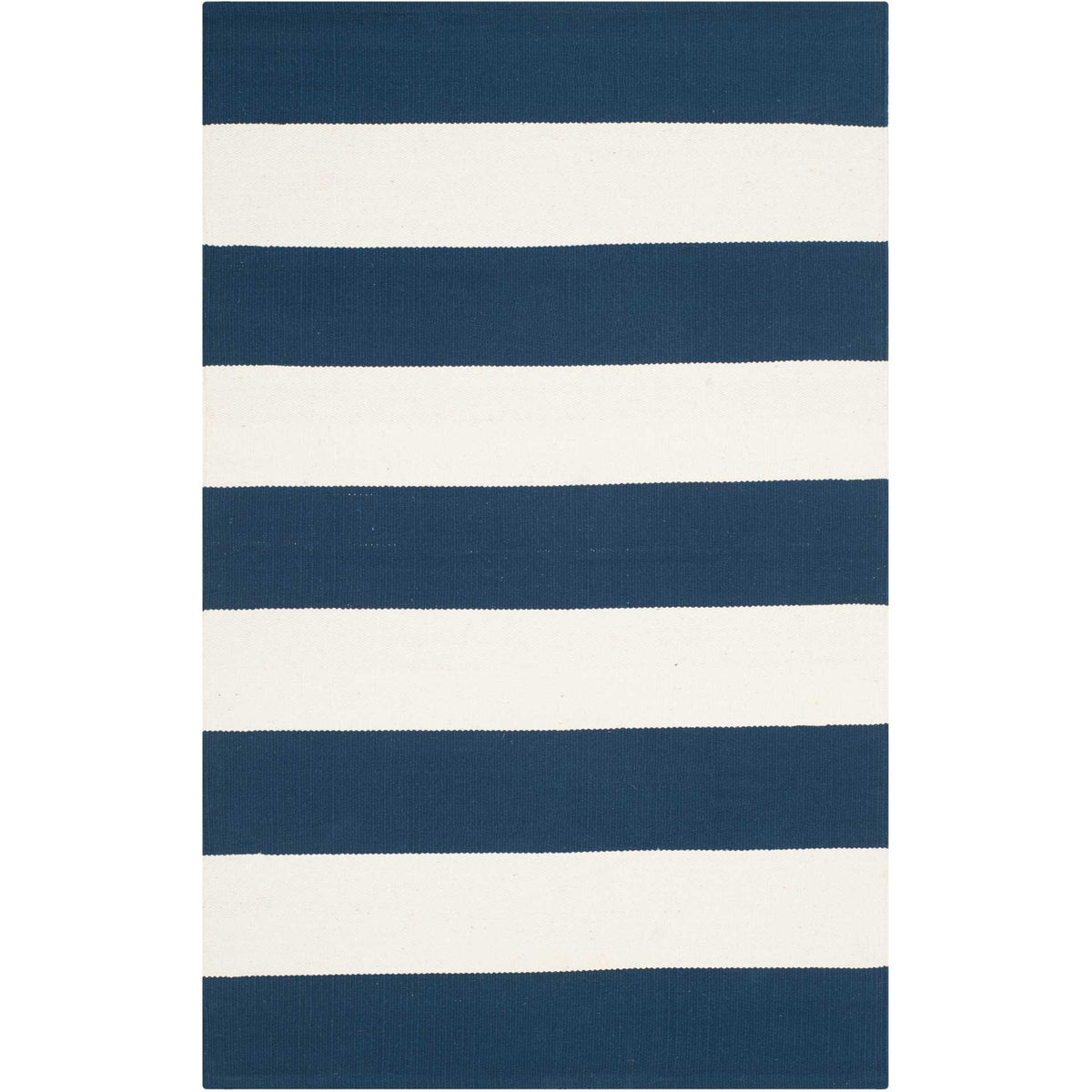 Broad navy stripes give this compact ivory cotton accent rug a bold graphic look.