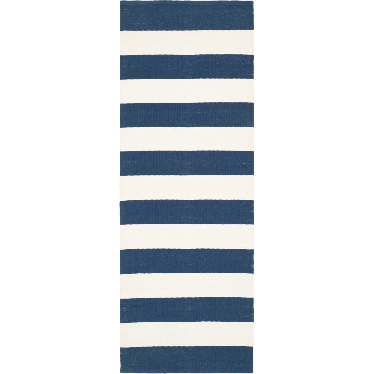 Clean bands of navy and ivory create a classic coastal look on this cotton runner.