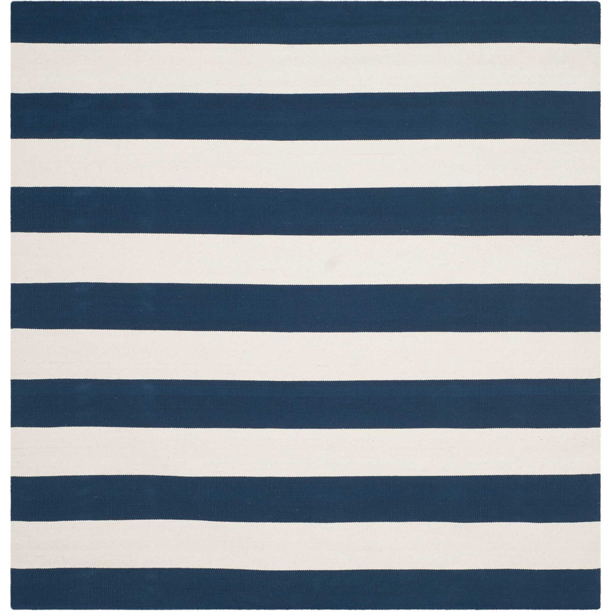 Navy and ivory stripes run across a square cotton rug with clean, even edges.