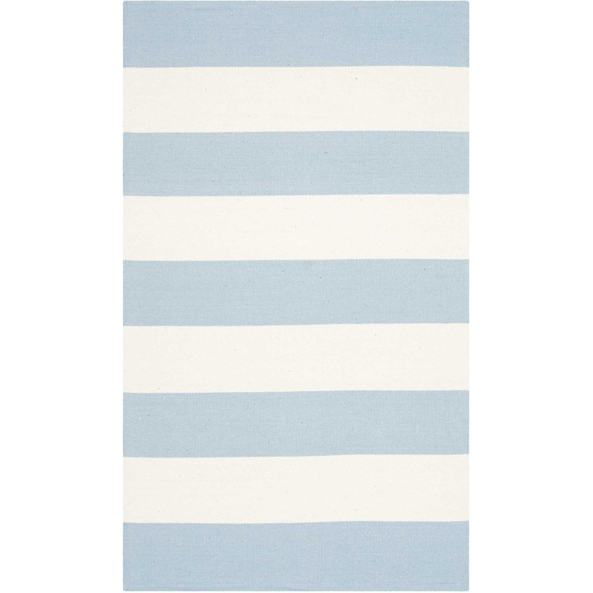 A compact cotton accent rug combines gentle sky blue and ivory stripes.