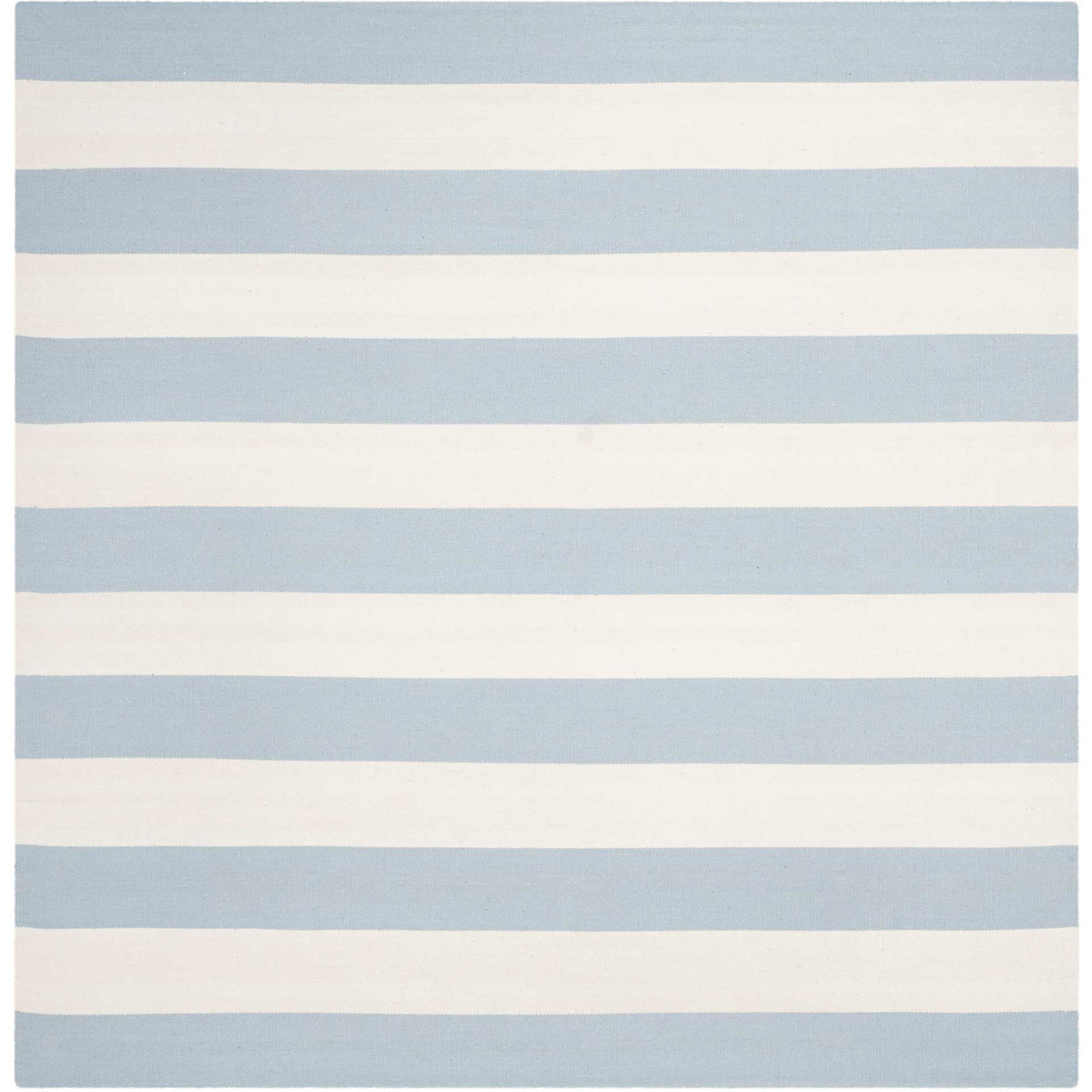 Soft sky blue and ivory bands bring airy style to this square handwoven rug.