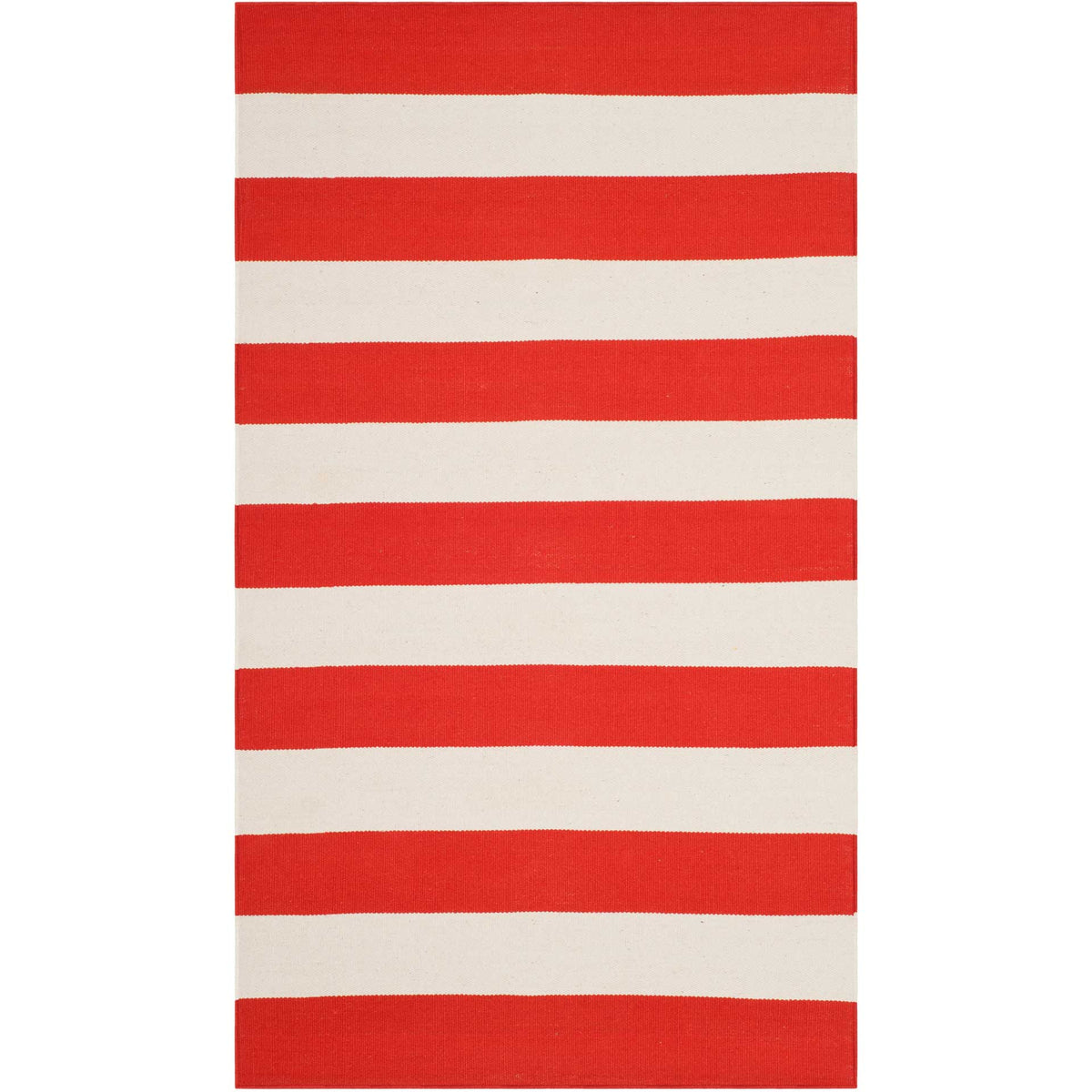 Warm reddish-orange and ivory bands span this 3' x 5' cotton area rug.
