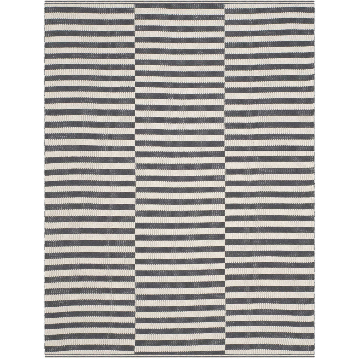 Gray and ivory stripes create a clean, graphic design on a compact cotton rug.