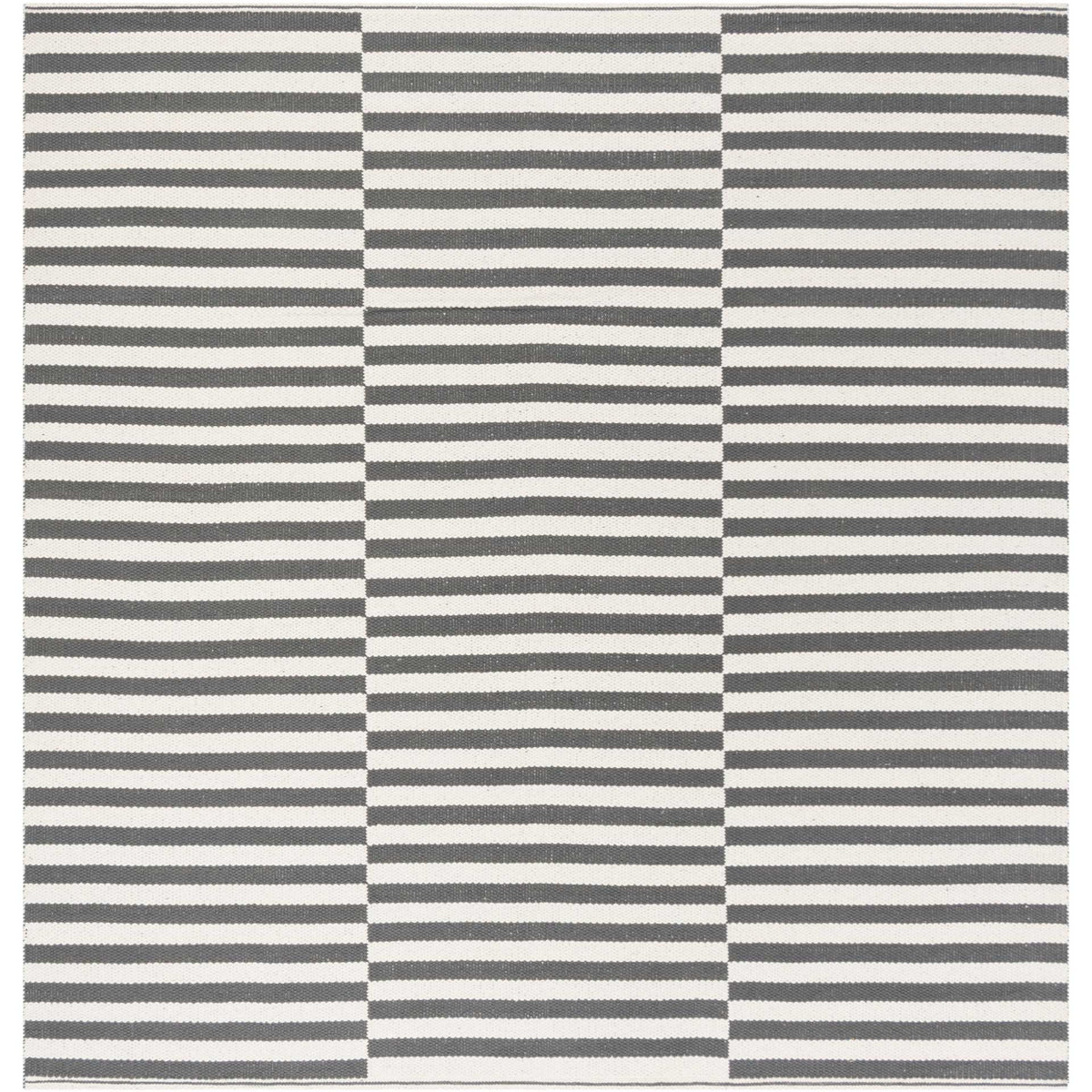 A square cotton rug combines crisp ivory and gray stripes across three panels.
