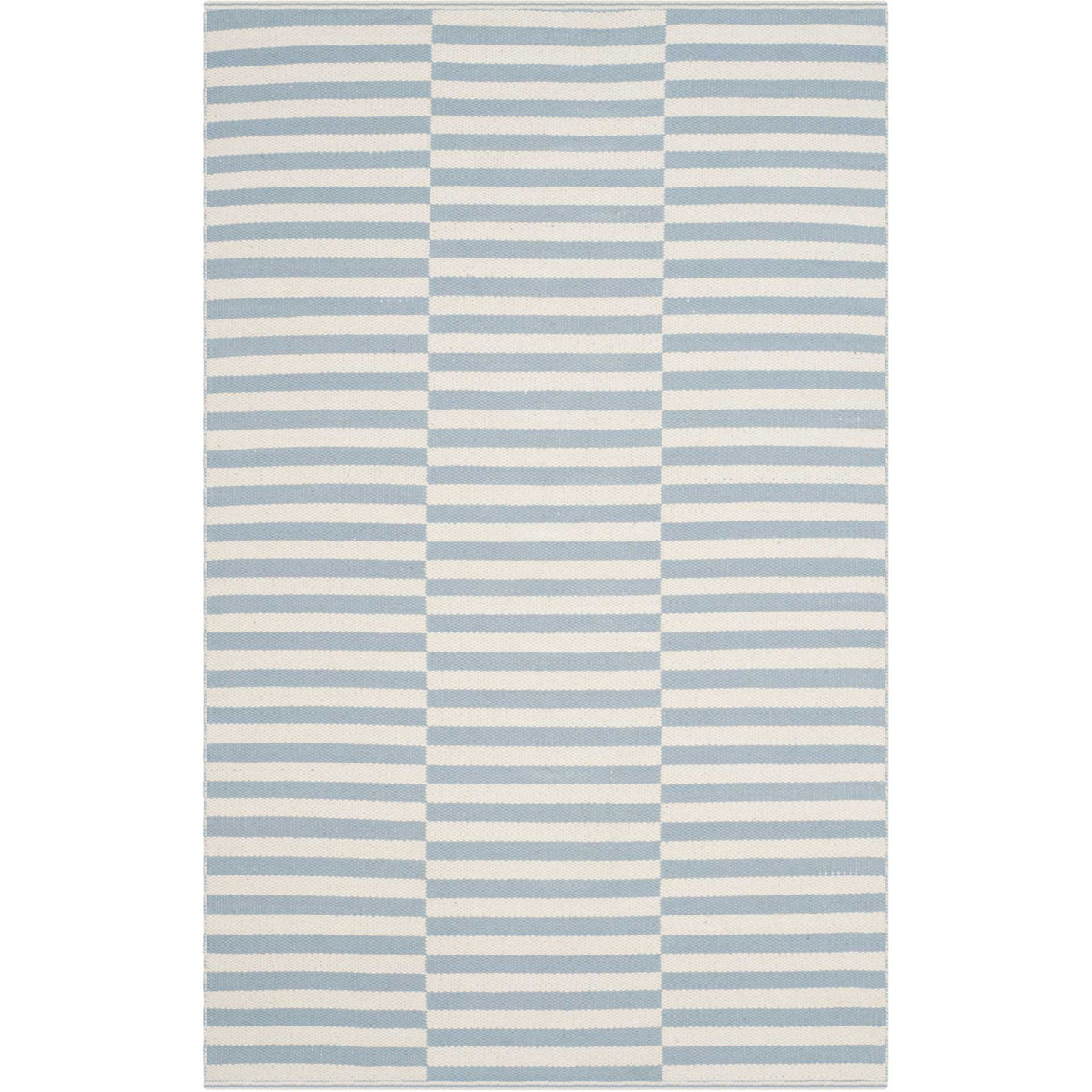 A compact handwoven cotton rug pairs delicate light blue stripes with an ivory ground.