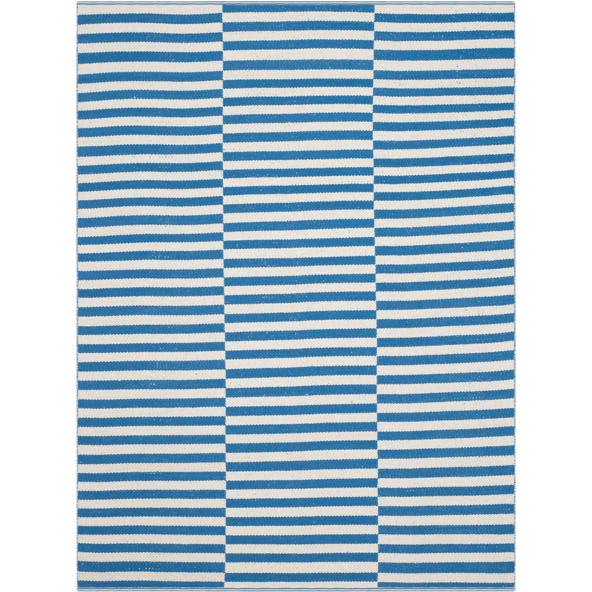 Bright blue and ivory stripes bring fresh color to a compact handwoven cotton rug.