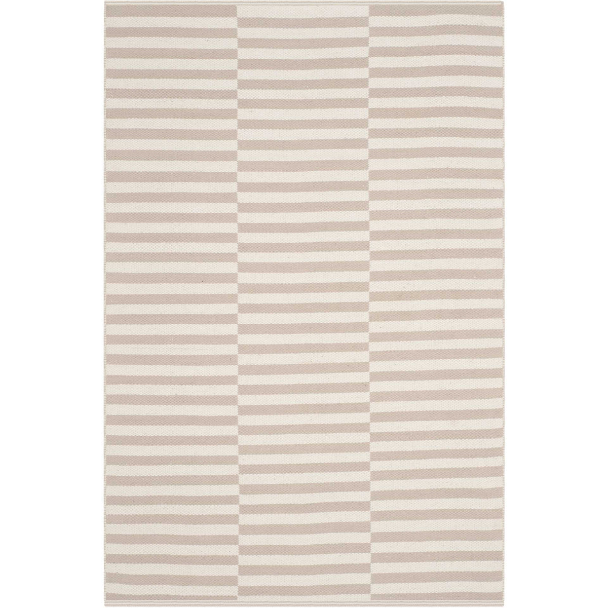 Soft ivory and light gray stripes bring quiet texture to a compact cotton rug.