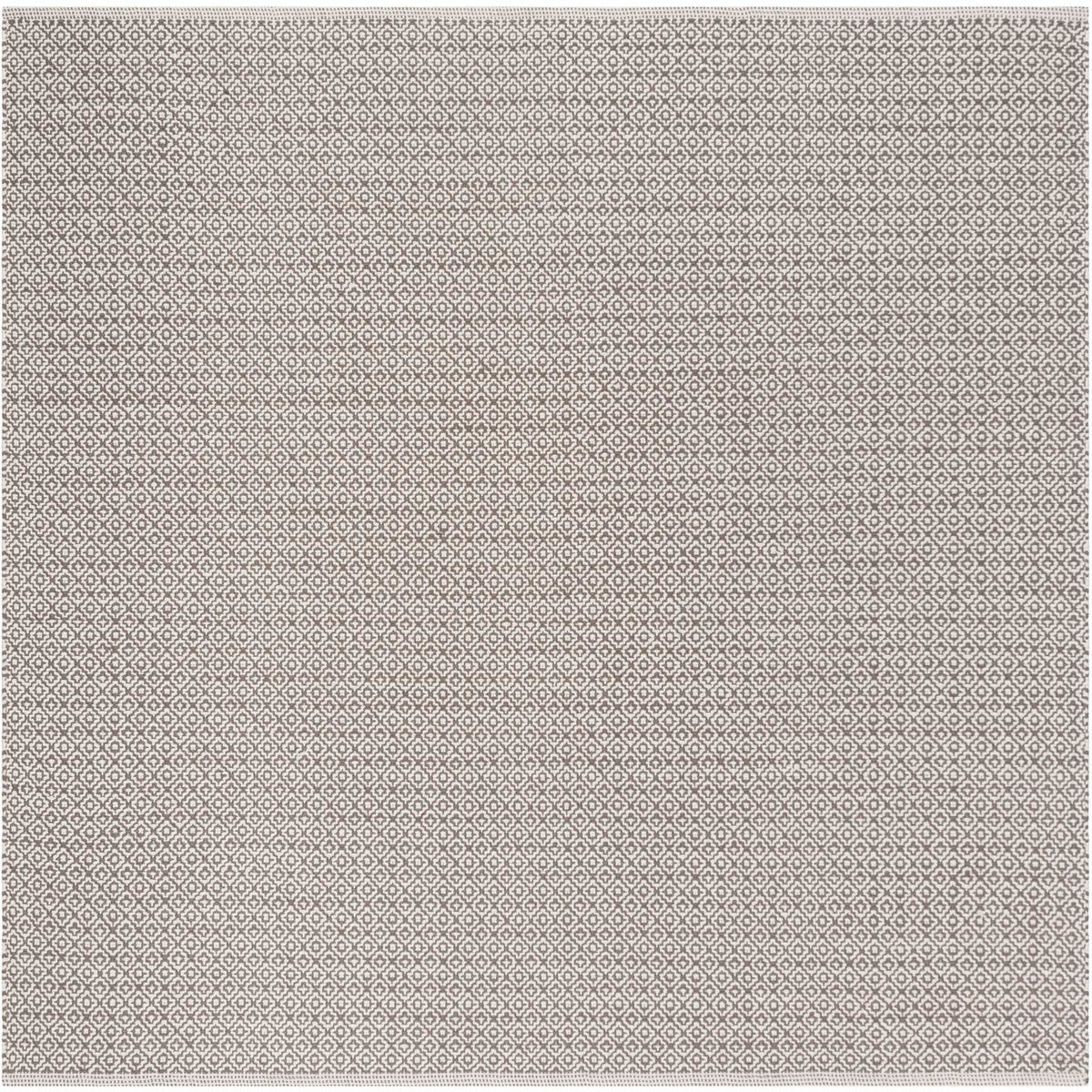 A square ivory and gray rug is covered with fine, repeated diamond motifs.