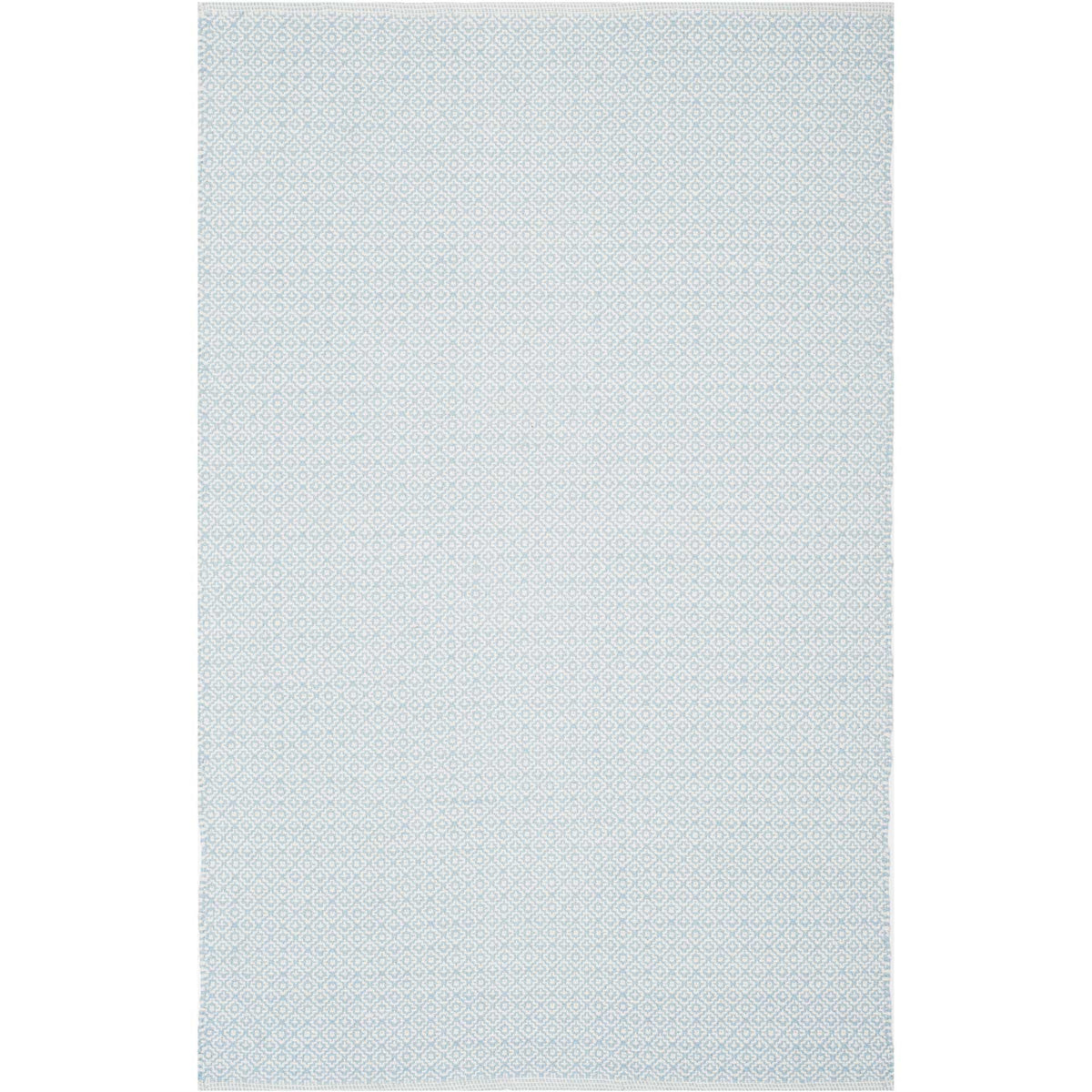 An ivory and light blue cotton rug pairs a soft palette with intricate repeating diamonds.