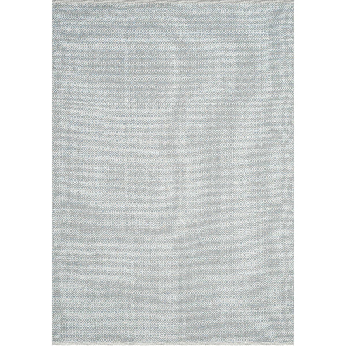 Delicate light blue motifs spread across the ivory surface of this low-profile cotton rug.