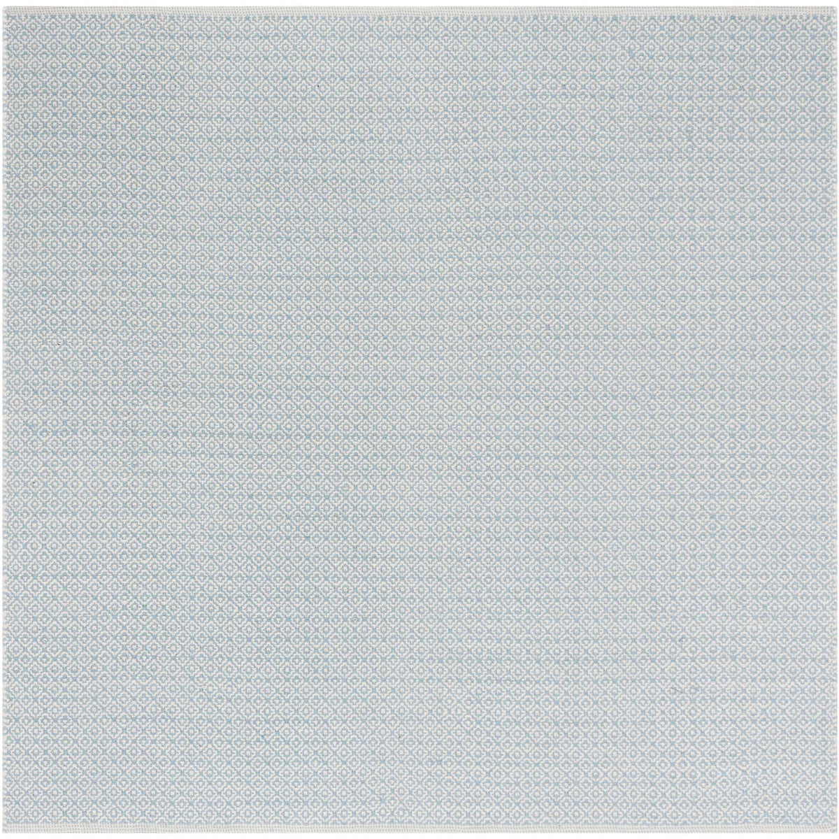 A square ivory and light blue rug features an airy, small-scale geometric weave.
