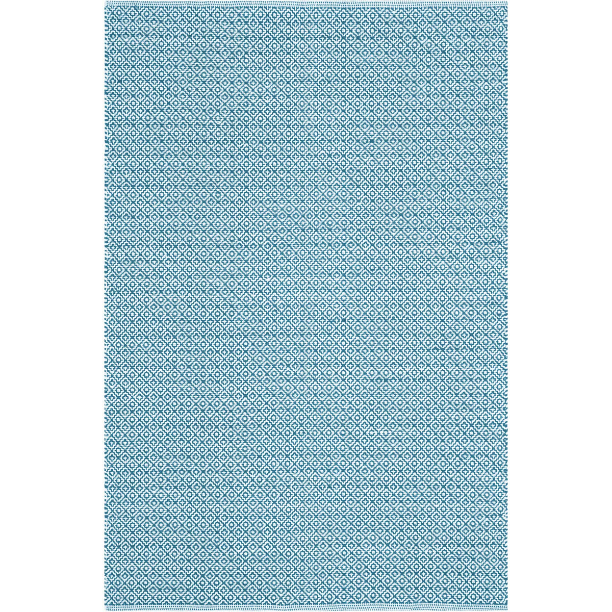 Blue and ivory threads form a dense geometric motif across this rectangular cotton rug.