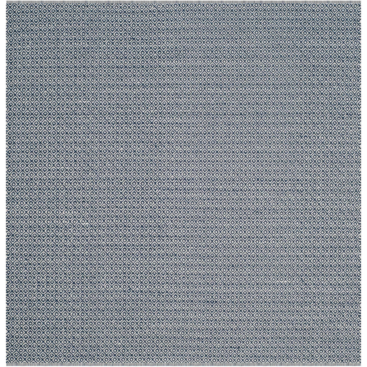A square navy and ivory rug showcases intricate diamonds in an allover woven pattern.
