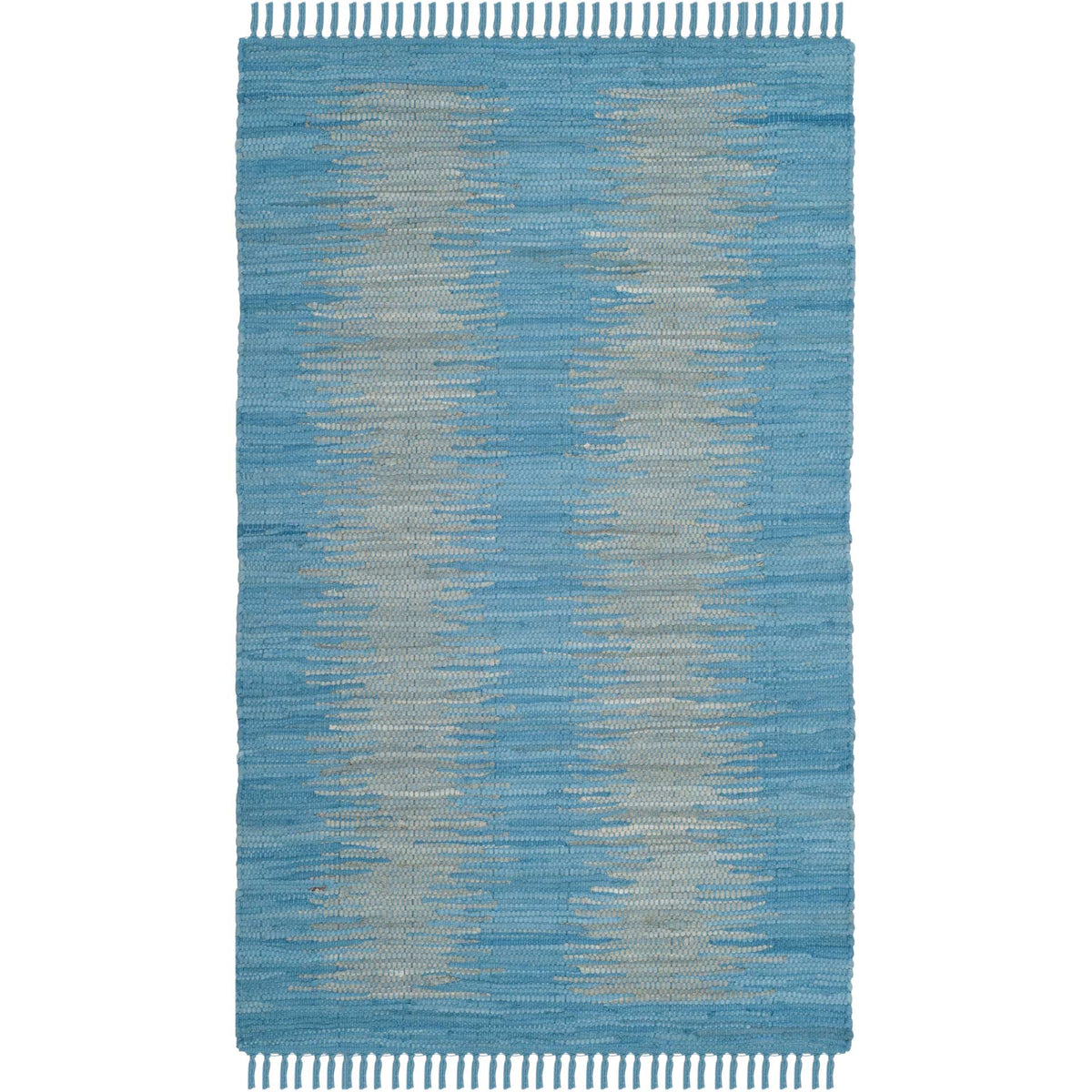 Petite light blue accent rug mixes gray striations with a fringed border