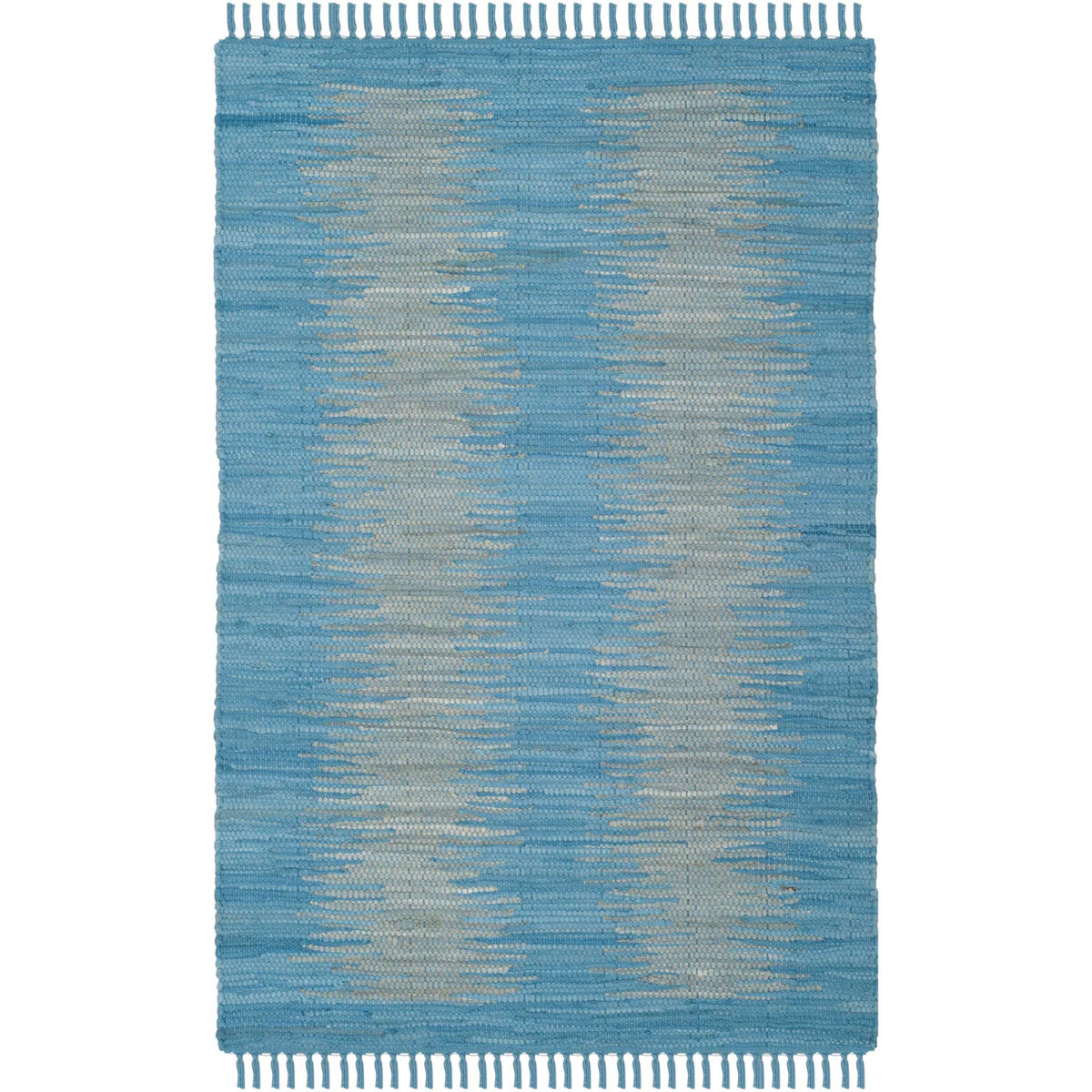 Light blue cotton rug gains depth from gray woven streaks and fringed ends