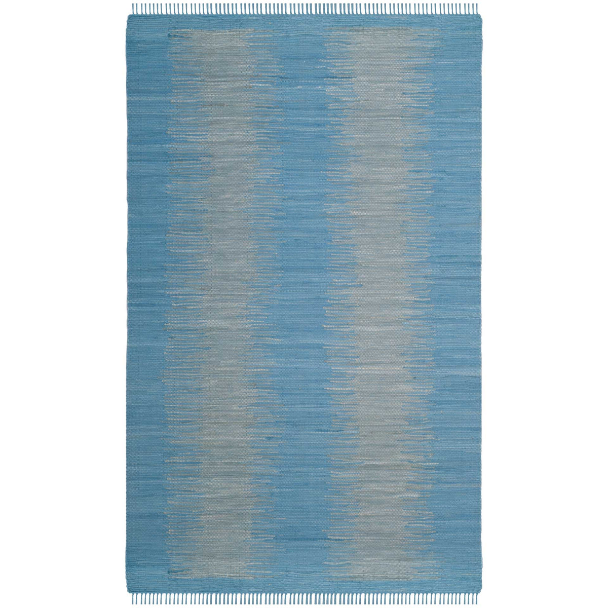 Soft blue and gray threads create muted abstract stripes on a fringed cotton rug