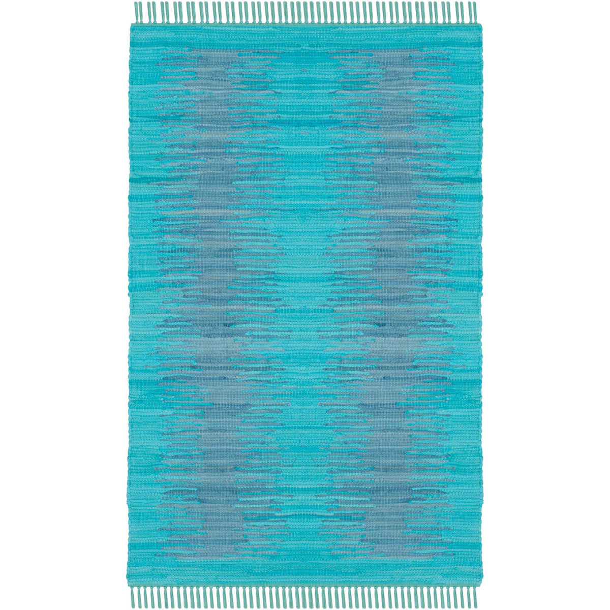 Compact turquoise rug adds cool gray striations and delicate fringe to the floor