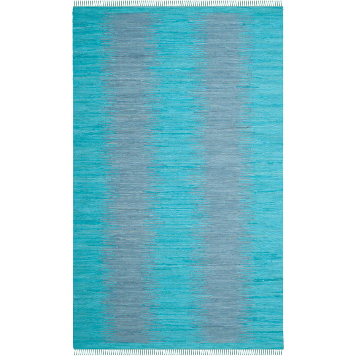Turquoise and soft gray streaks bring flowing texture to a handwoven cotton rug