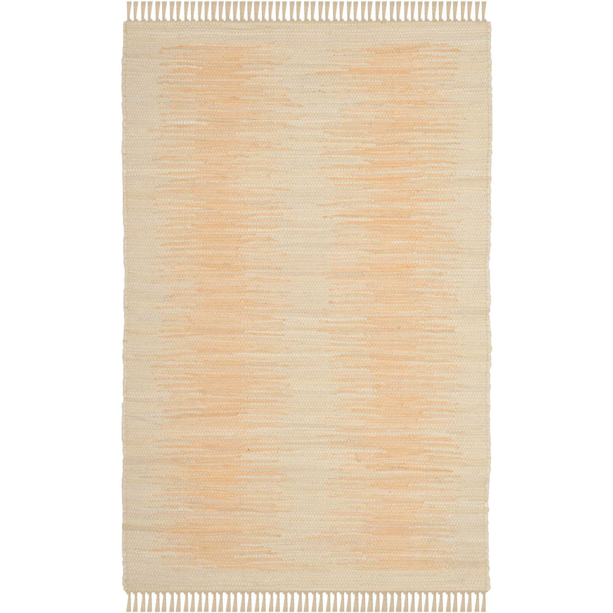 Small ivory cotton rug with faint beige stripes and tasseled ends