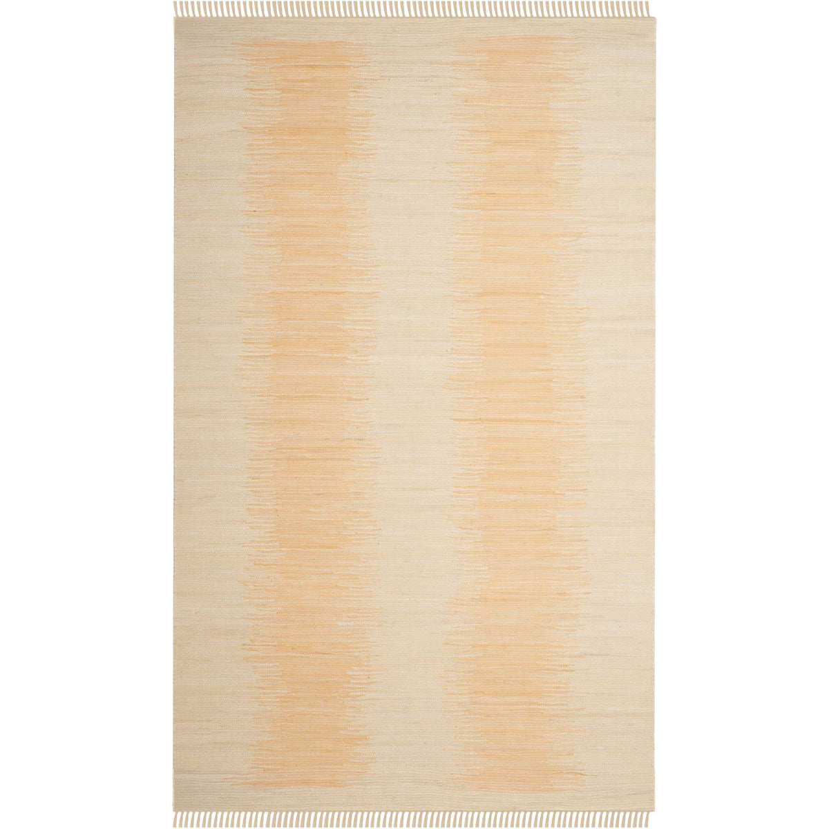 Pale beige bands wash over an ivory cotton rug finished with neat fringe
