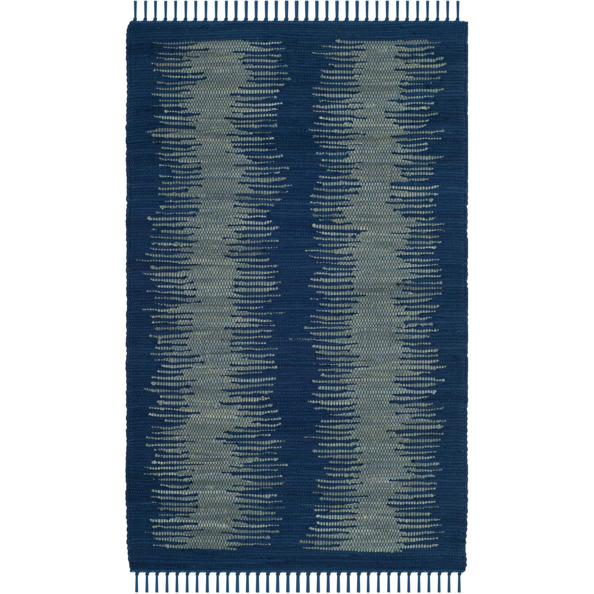 Compact navy rug with textured blue-gray streaks and playful fringe