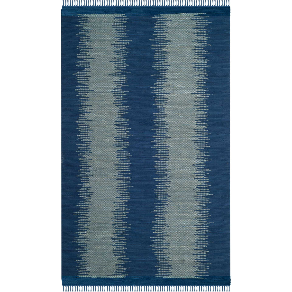 Navy cotton rug contrasts blue-gray bands against a rich woven ground