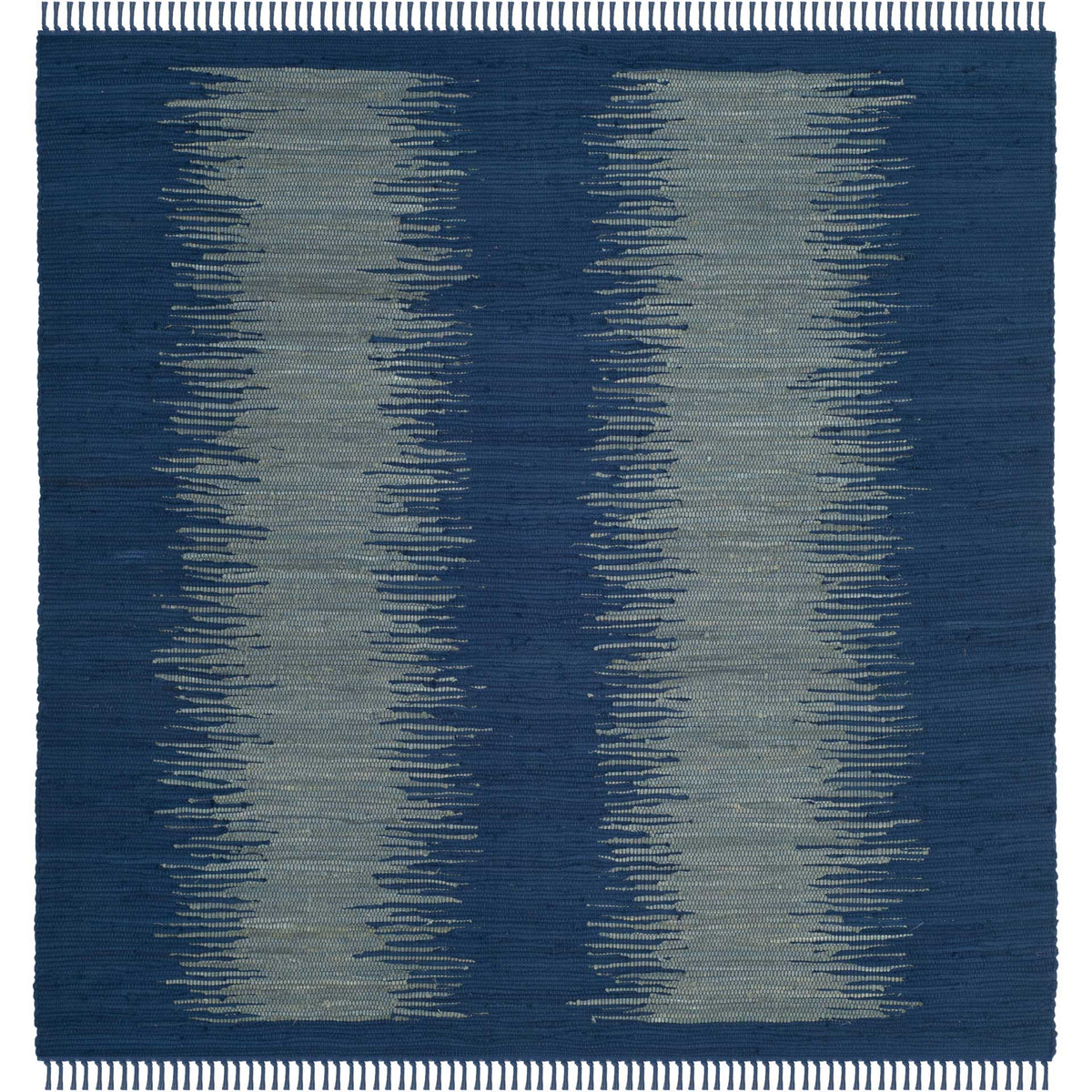 Square navy cotton rug with pale blue-gray streaked bands and matching fringe