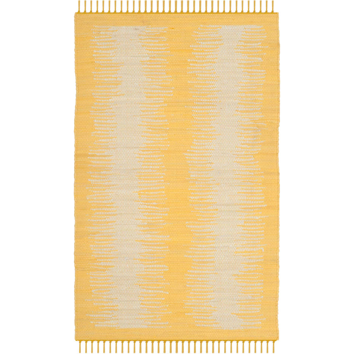 Compact gold cotton rug pairs pale linear accents with playful fringed ends